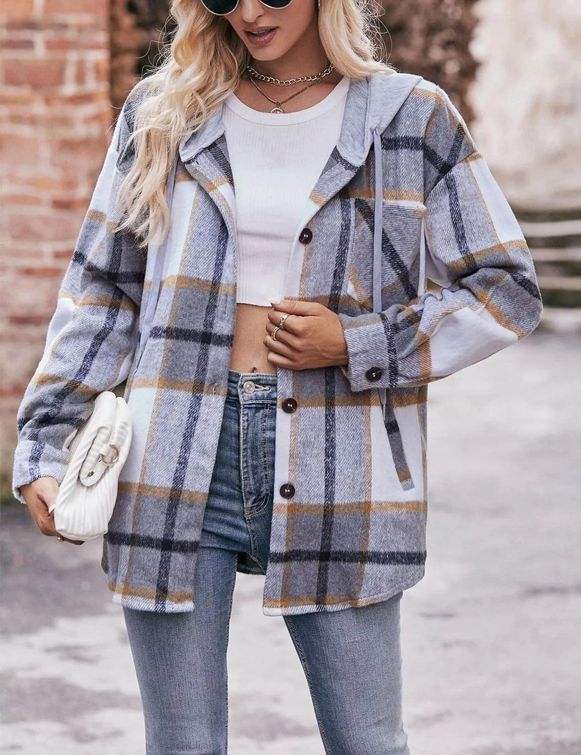 Wanzetaly Womens Hooded Shacket Jacket Color Block Casual Flannel Plaid Wool Blend Button Down Shirt with Pockets