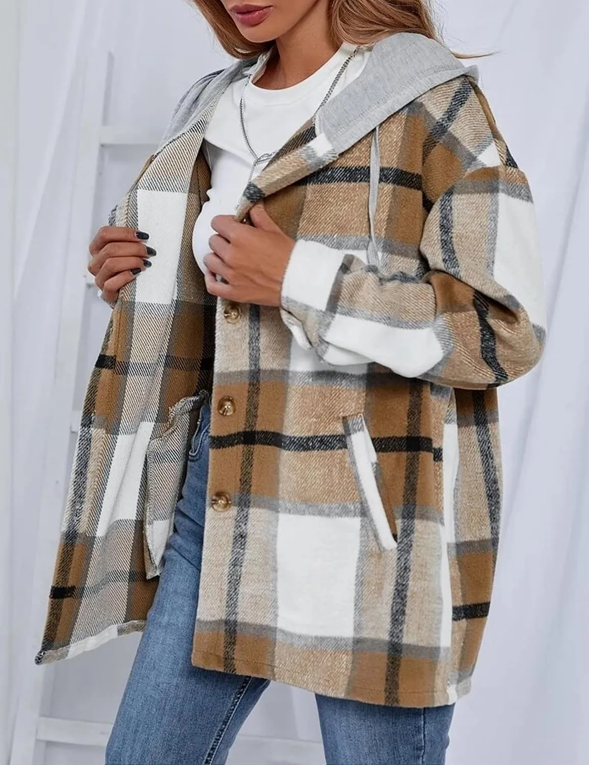 Wanzetaly Womens Hooded Shacket Jacket Color Block Casual Flannel Plaid Wool Blend Button Down Shirt with Pockets