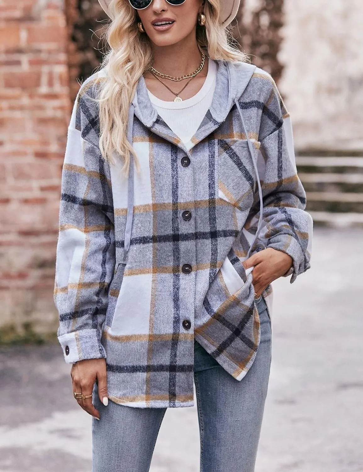 Wanzetaly Womens Hooded Shacket Jacket Color Block Casual Flannel Plaid Wool Blend Button Down Shirt with Pockets
