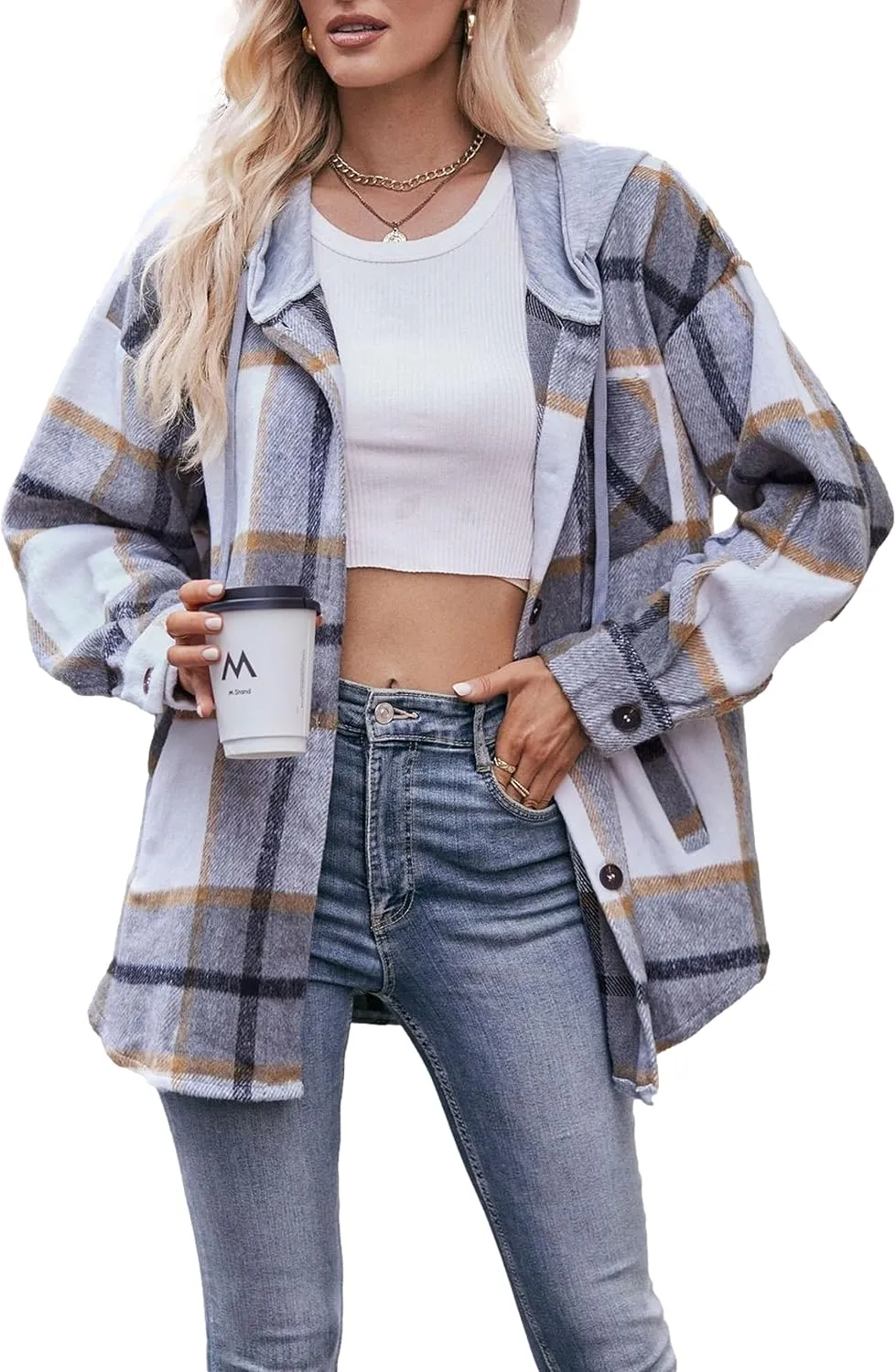 Wanzetaly Womens Hooded Shacket Jacket Color Block Casual Flannel Plaid Wool Blend Button Down Shirt with Pockets