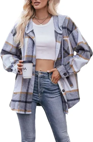 Wanzetaly Womens Hooded Shacket Jacket Color Block Casual Flannel Plaid Wool Blend Button Down Shirt with Pockets