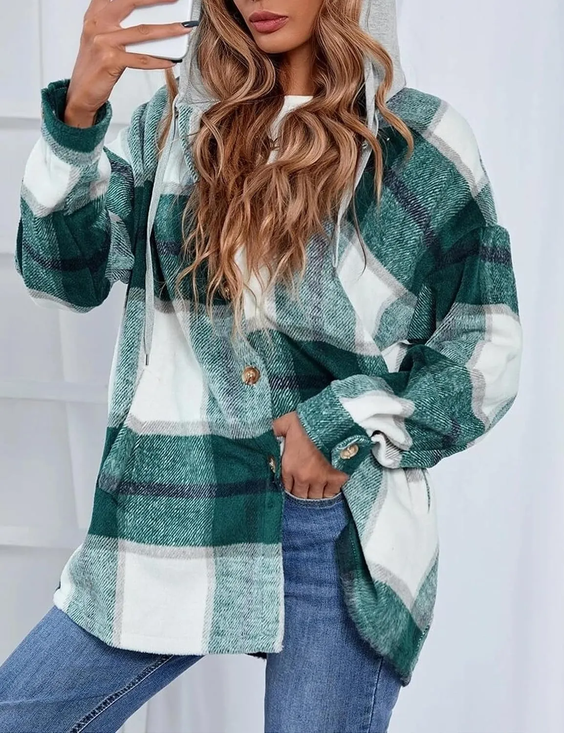 Wanzetaly Womens Hooded Shacket Jacket Color Block Casual Flannel Plaid Wool Blend Button Down Shirt with Pockets