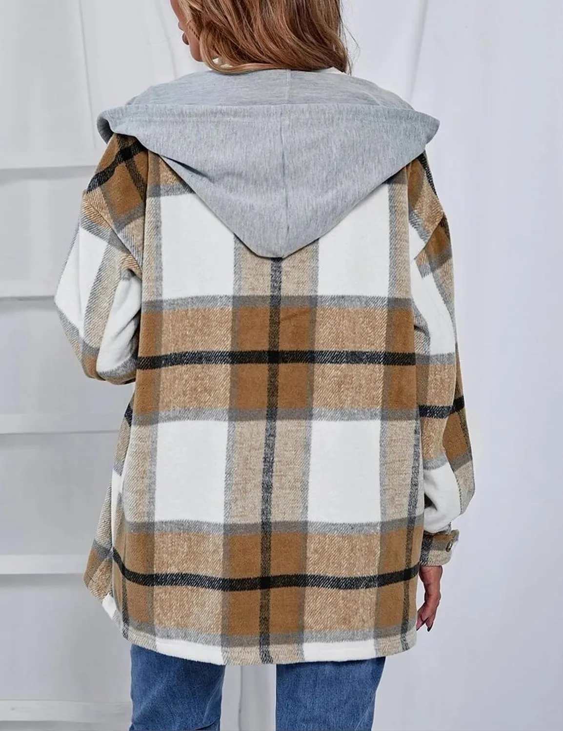 Wanzetaly Womens Hooded Shacket Jacket Color Block Casual Flannel Plaid Wool Blend Button Down Shirt with Pockets