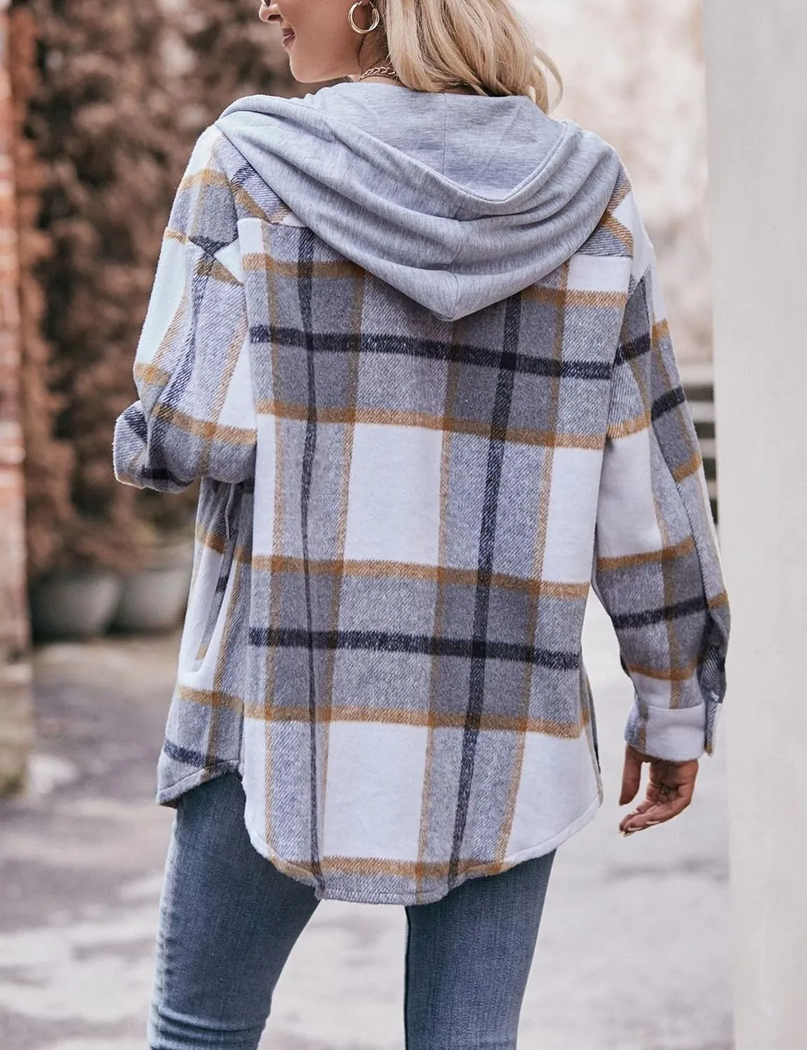Wanzetaly Womens Hooded Shacket Jacket Color Block Casual Flannel Plaid Wool Blend Button Down Shirt with Pockets