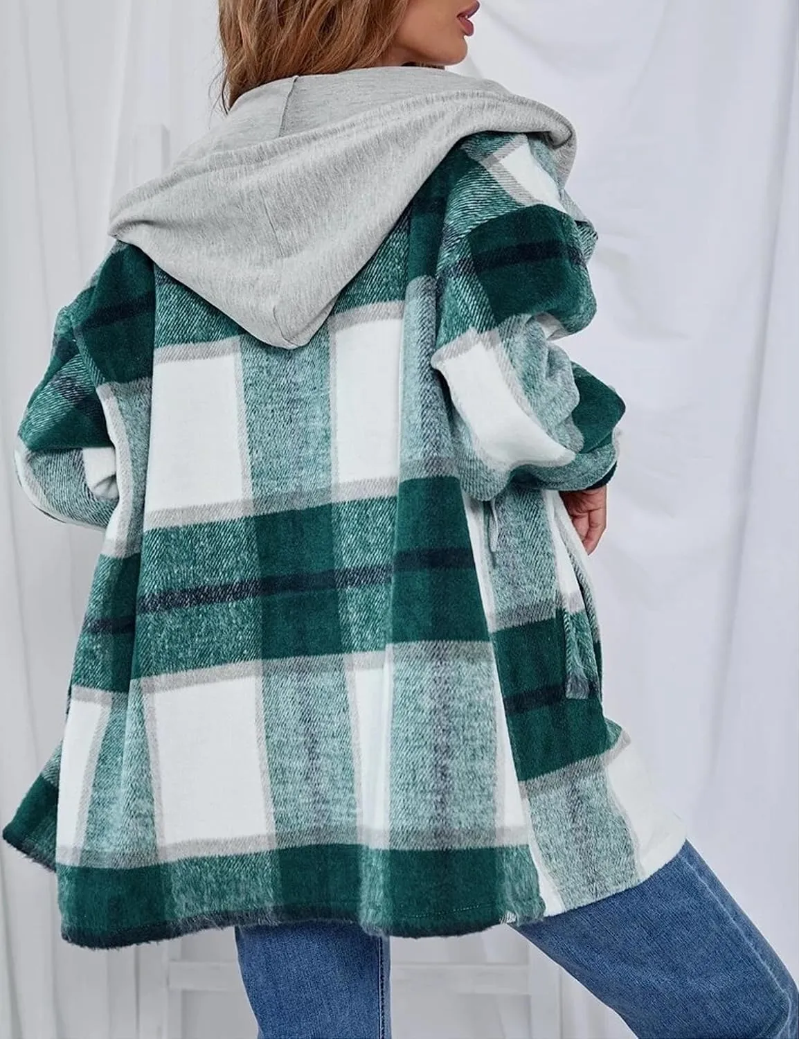 Wanzetaly Womens Hooded Shacket Jacket Color Block Casual Flannel Plaid Wool Blend Button Down Shirt with Pockets