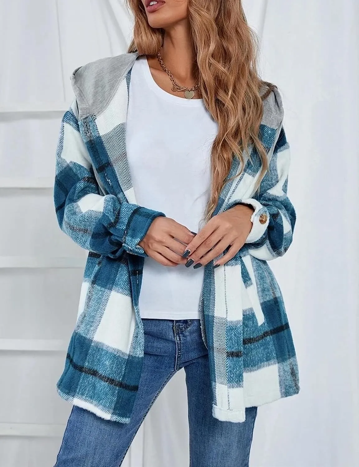 Wanzetaly Womens Hooded Shacket Jacket Color Block Casual Flannel Plaid Wool Blend Button Down Shirt with Pockets