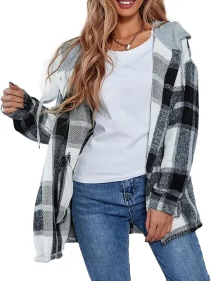 Wanzetaly Womens Hooded Shacket Jacket Color Block Casual Flannel Plaid Wool Blend Button Down Shirt with Pockets