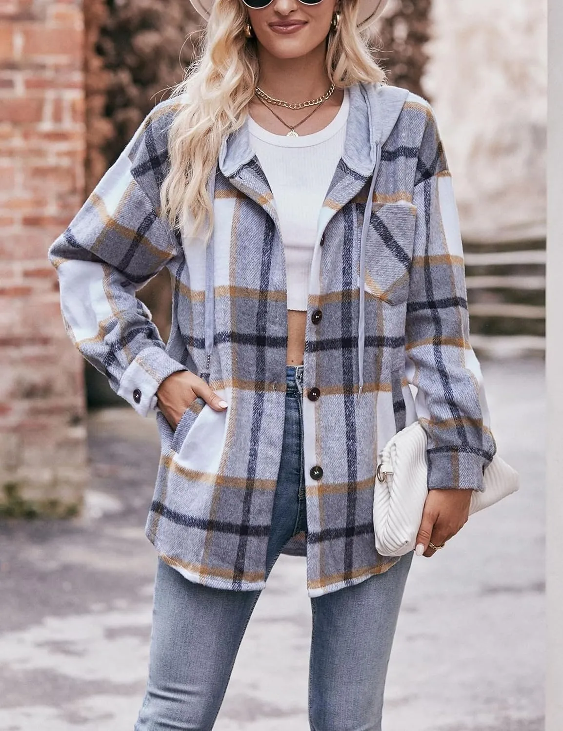Wanzetaly Womens Hooded Shacket Jacket Color Block Casual Flannel Plaid Wool Blend Button Down Shirt with Pockets