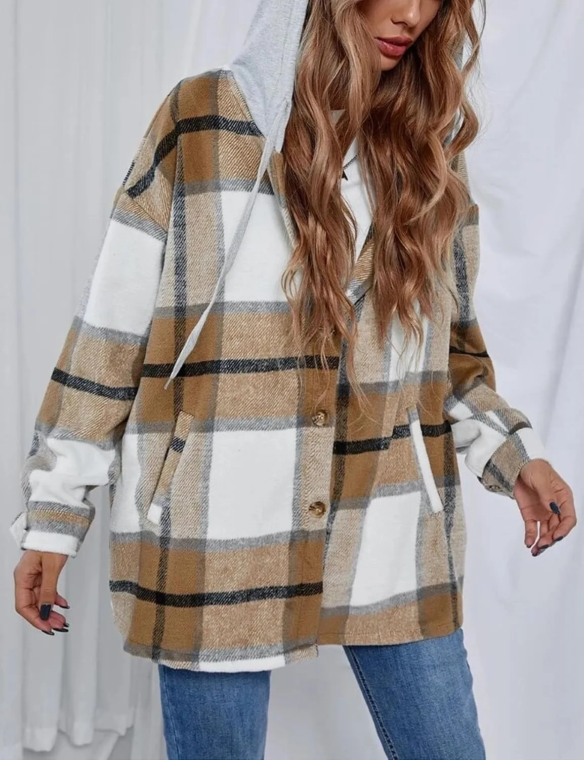 Wanzetaly Womens Hooded Shacket Jacket Color Block Casual Flannel Plaid Wool Blend Button Down Shirt with Pockets