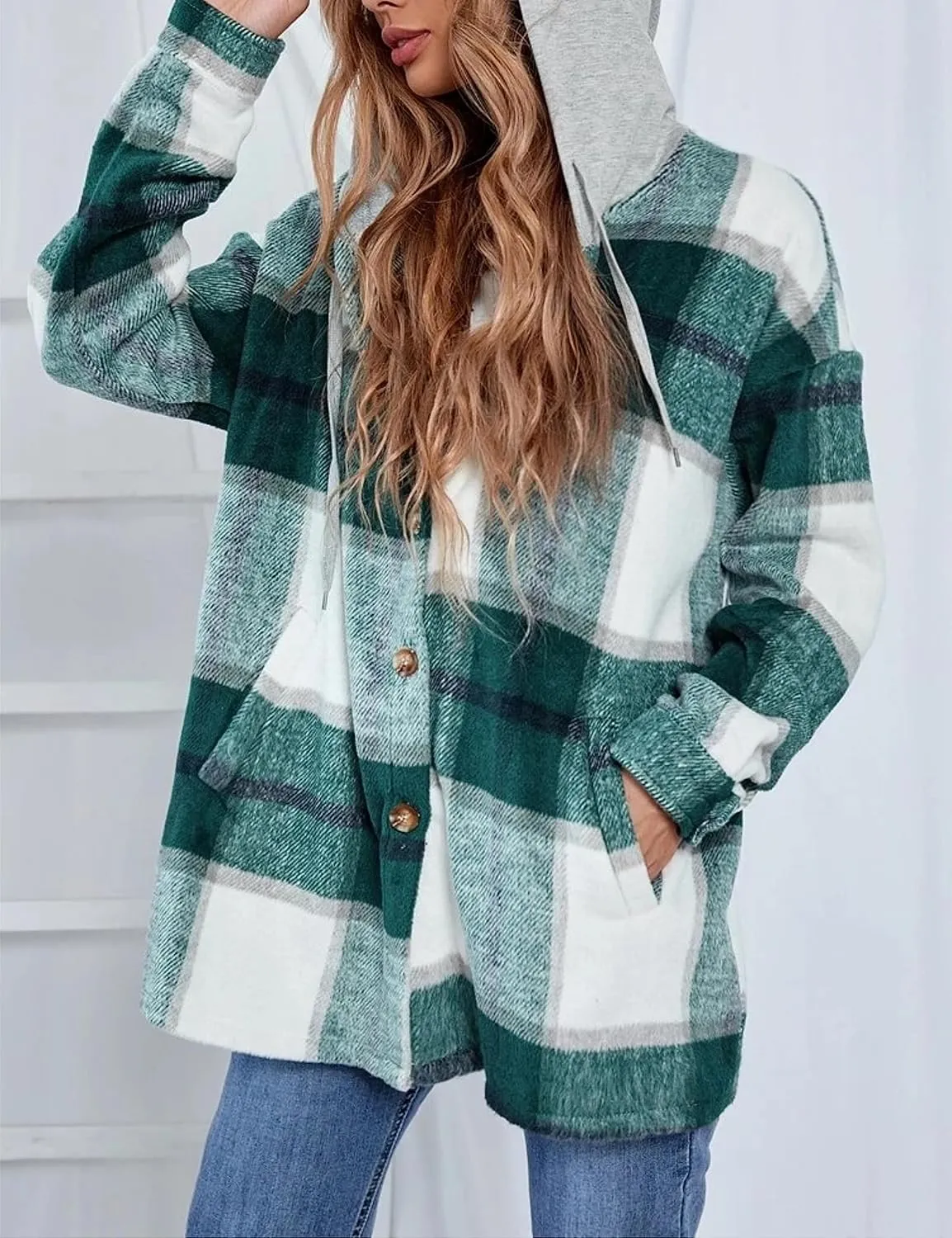 Wanzetaly Womens Hooded Shacket Jacket Color Block Casual Flannel Plaid Wool Blend Button Down Shirt with Pockets