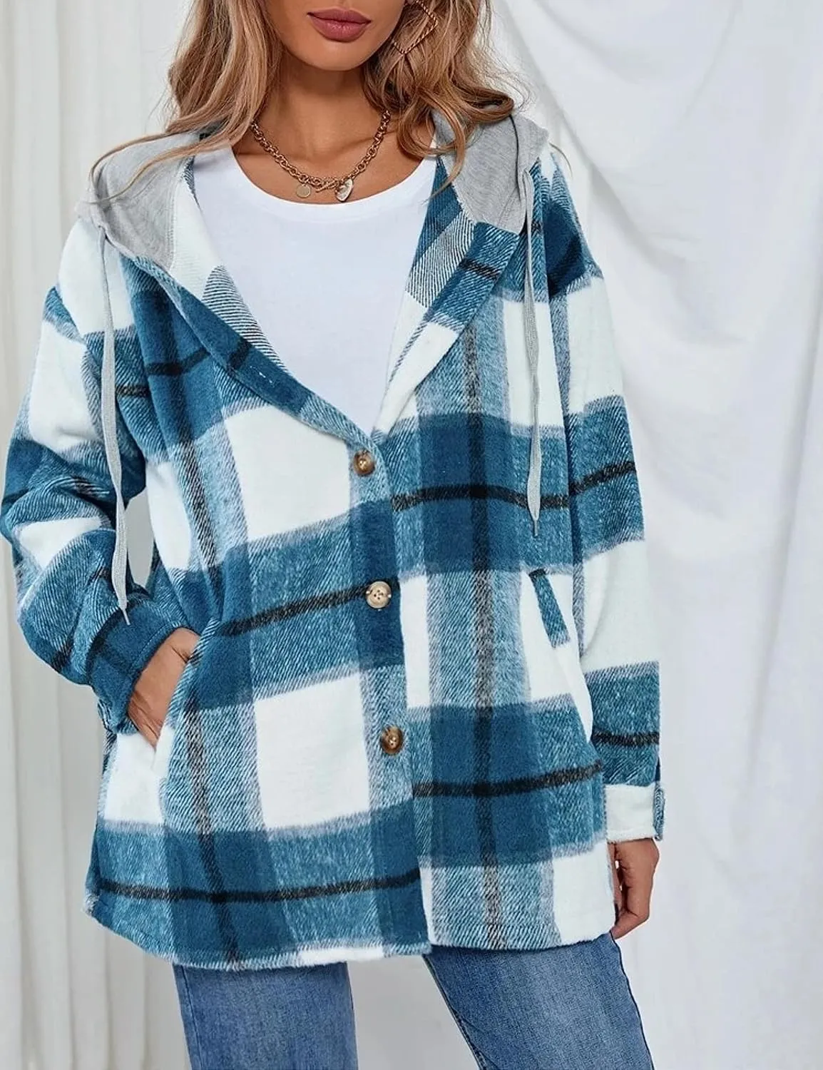 Wanzetaly Womens Hooded Shacket Jacket Color Block Casual Flannel Plaid Wool Blend Button Down Shirt with Pockets
