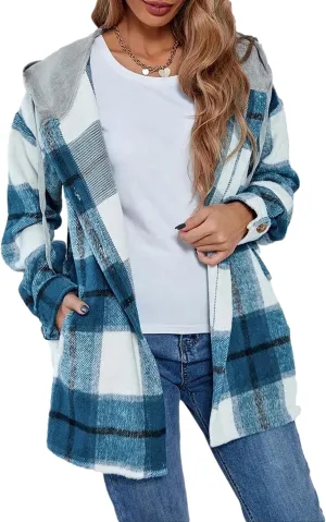 Wanzetaly Womens Hooded Shacket Jacket Color Block Casual Flannel Plaid Wool Blend Button Down Shirt with Pockets
