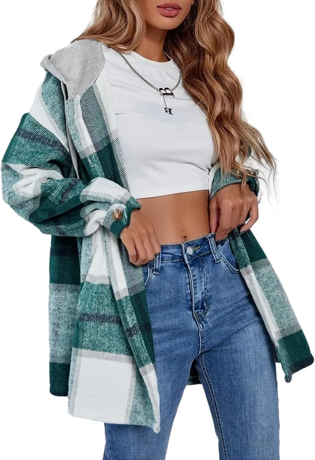 Wanzetaly Womens Hooded Shacket Jacket Color Block Casual Flannel Plaid Wool Blend Button Down Shirt with Pockets