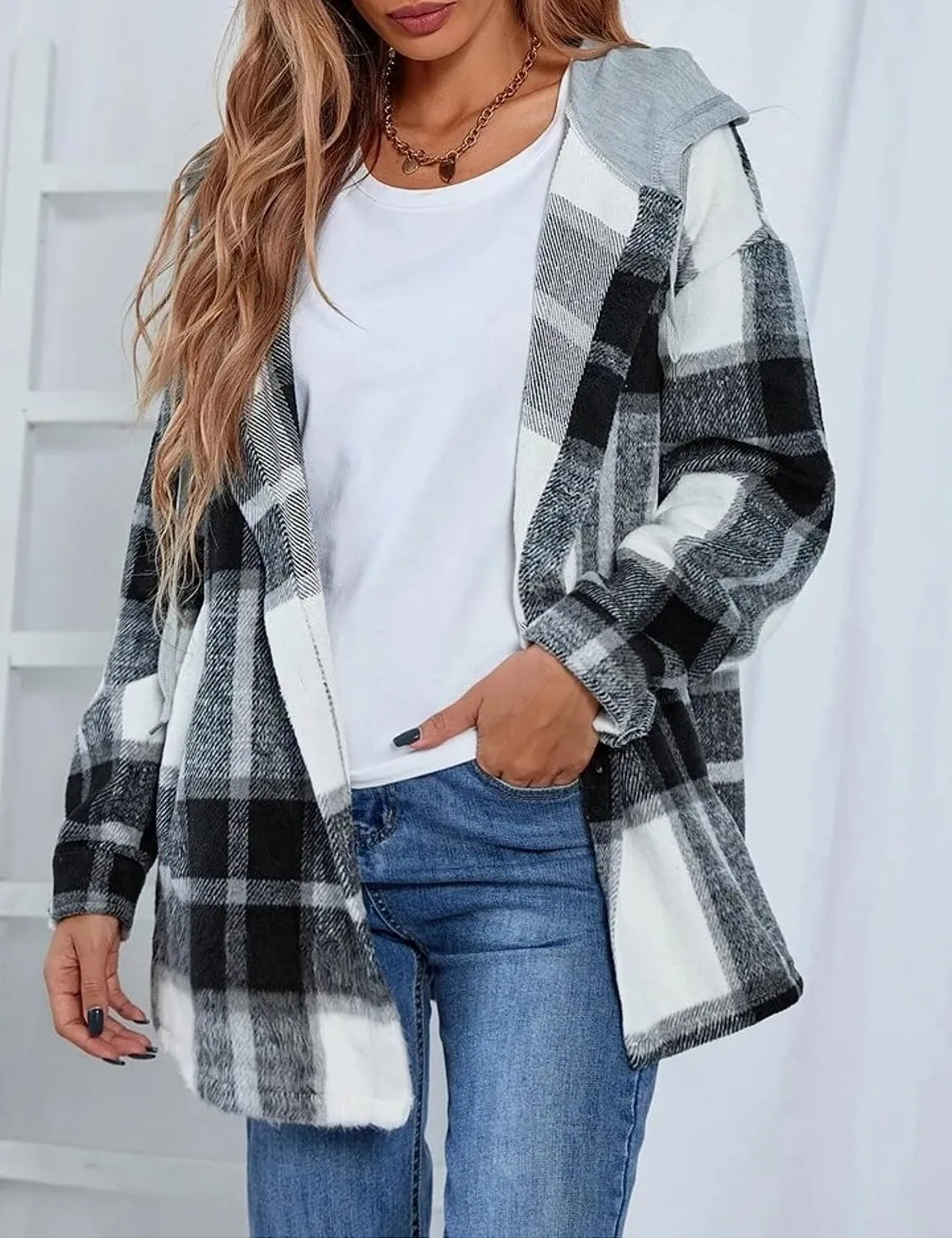 Wanzetaly Womens Hooded Shacket Jacket Color Block Casual Flannel Plaid Wool Blend Button Down Shirt with Pockets