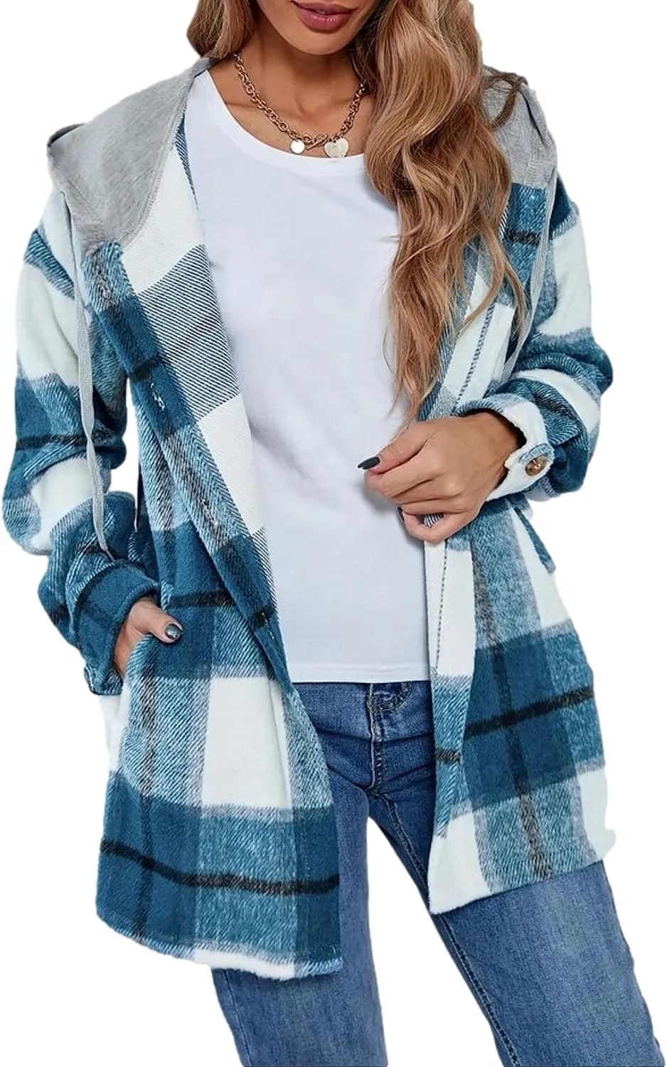 Wanzetaly Womens Hooded Shacket Jacket Color Block Casual Flannel Plaid Wool Blend Button Down Shirt with Pockets