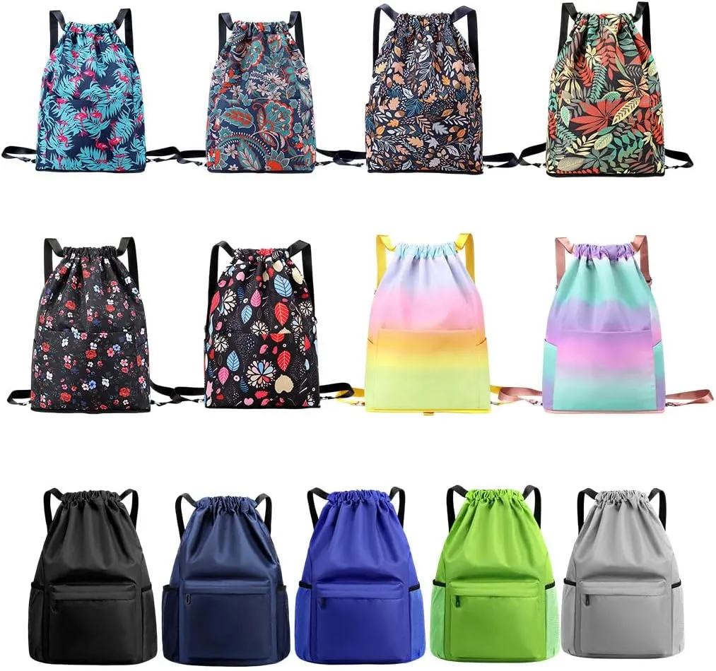 Water Resistant Drawstring Backpack Sack Cinch Bag with Zipper Side Pocket, Pack of 2 (Waterproof, Autumn Leaves)