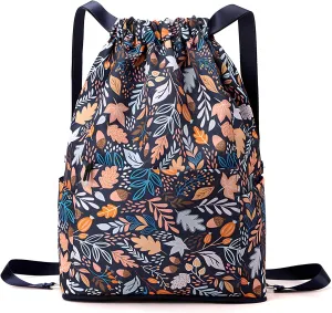 Water Resistant Drawstring Backpack Sack Cinch Bag with Zipper Side Pocket, Pack of 2 (Waterproof, Autumn Leaves)