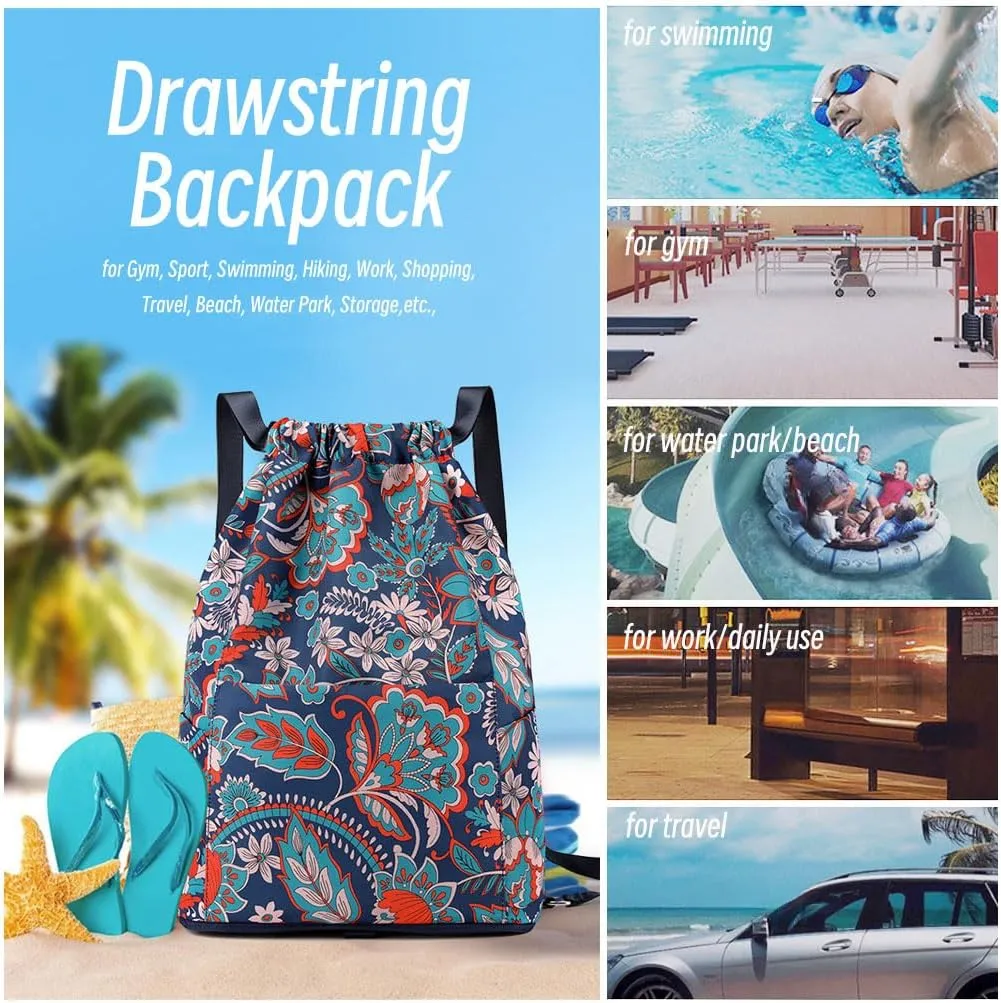 Water Resistant Drawstring Backpack Sack Cinch Bag with Zipper Side Pocket, Pack of 2 (Waterproof, Autumn Leaves)