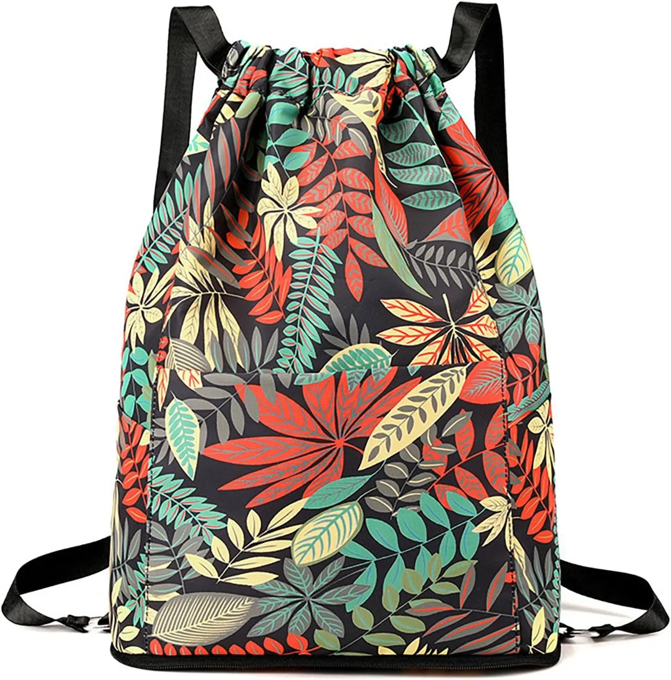 Water Resistant Drawstring Backpack Sack Cinch Bag with Zipper Side Pocket, Pack of 2 (Waterproof, Autumn Leaves)