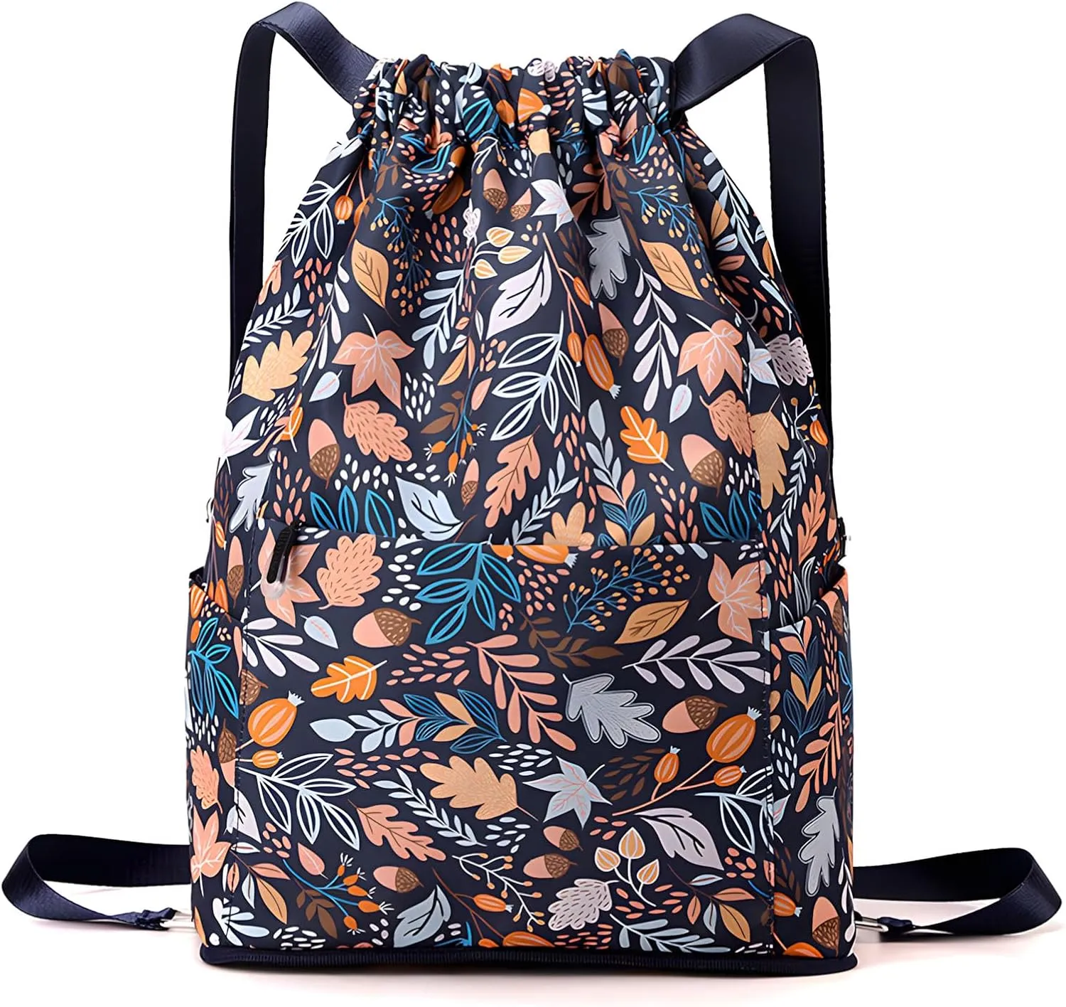 Water Resistant Drawstring Backpack Sack Cinch Bag with Zipper Side Pocket, Pack of 2 (Waterproof, Autumn Leaves)