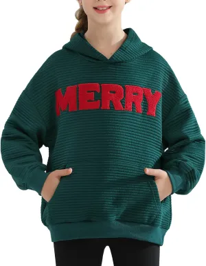 Weixinbuy Unisex Kids Christmas Sweatshirt Merry Graphic Crewneck Kangaroo Pocket Oversized Hoodie for Boys Girls 7-14Y