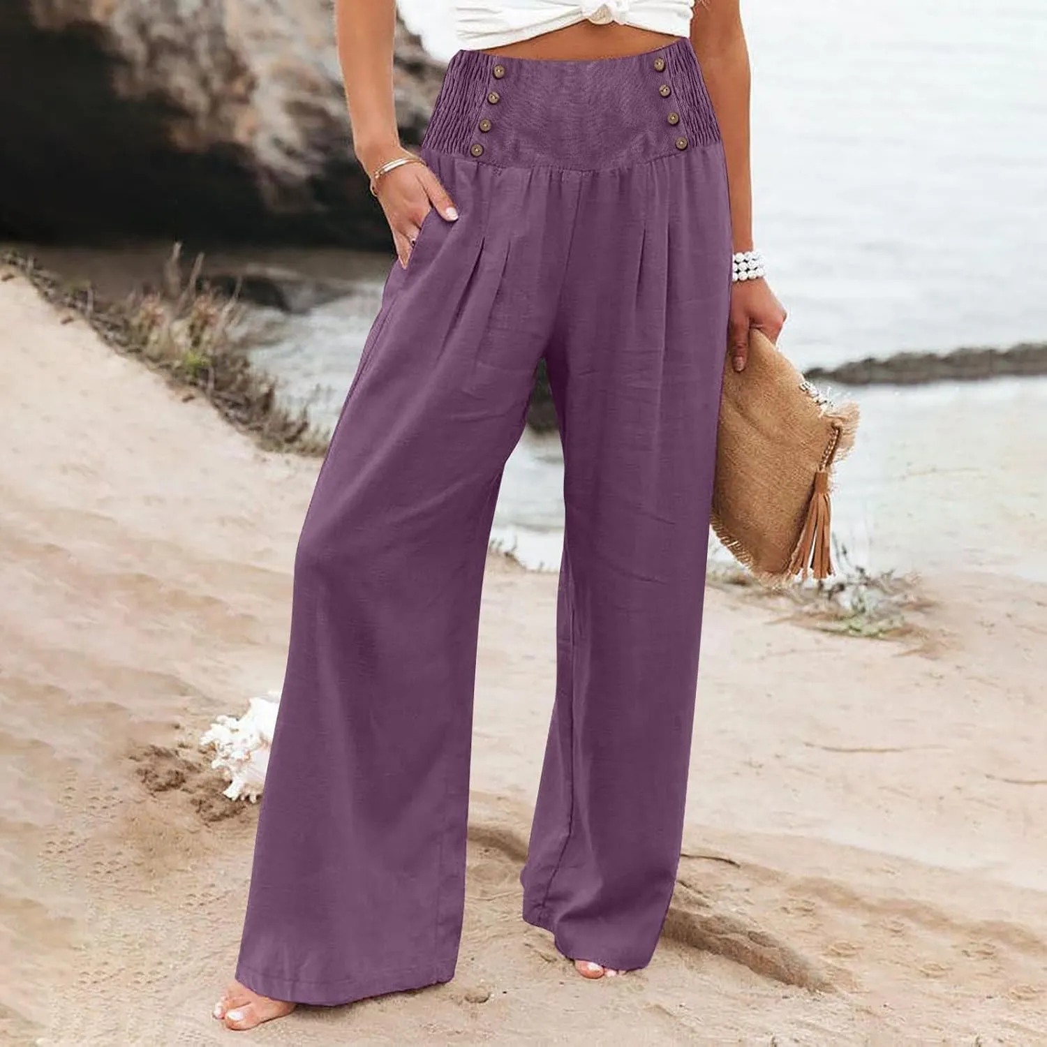 Wide Leg Pants for Women 2025 Summer Fashion Lightweight Cotton Linen Pants High Waisted Casual Trousers with Pockets
