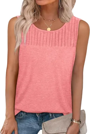 WIHOLL Womens Summer Tank Top Casual Pleated Sleeveless Tops Crewneck Trendy Shirts Outfits Clothes