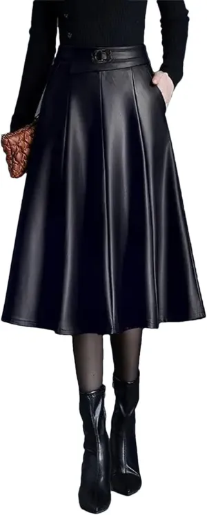Winter Midi Faux Leather Skirt Women Solid Color High Waisted Pleated A-Line Skirts