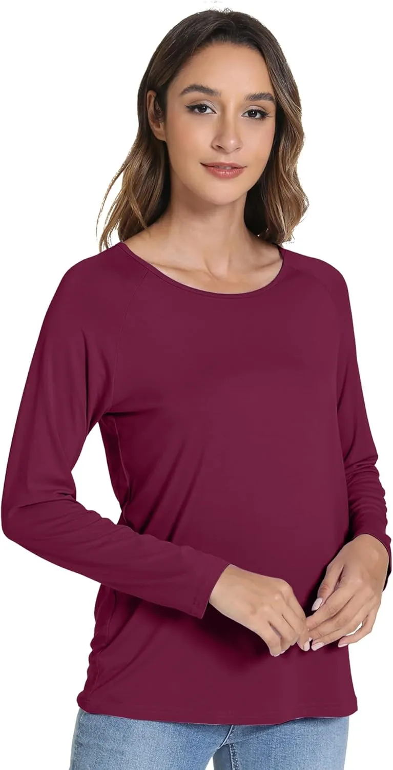 WiWi Women's Viscose from Bamboo Pajama Tops Soft Scoop Neck Sleep Shirt Loose Long Sleeves T-Shirt Loungewear S-XXL
