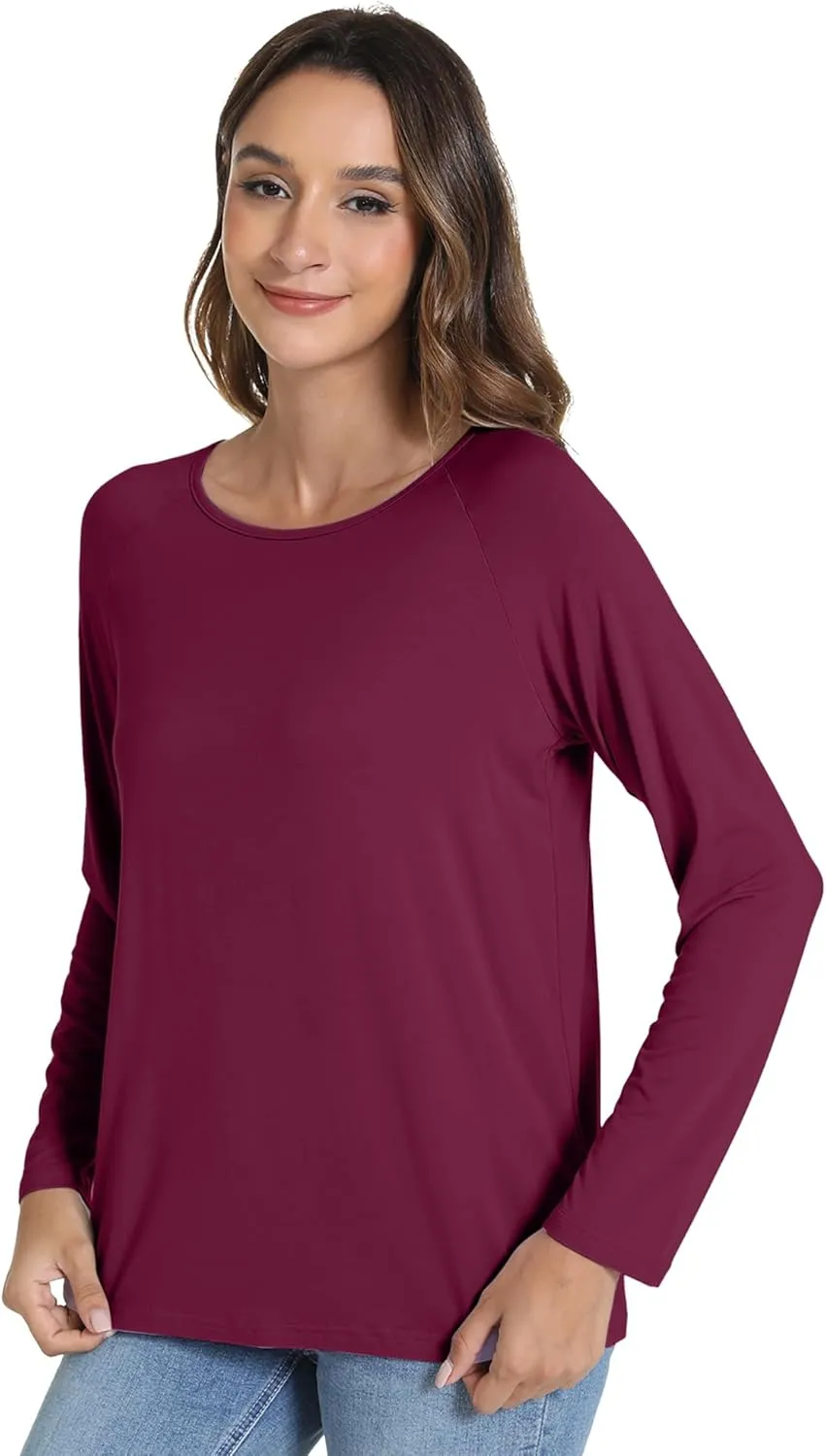 WiWi Women's Viscose from Bamboo Pajama Tops Soft Scoop Neck Sleep Shirt Loose Long Sleeves T-Shirt Loungewear S-XXL