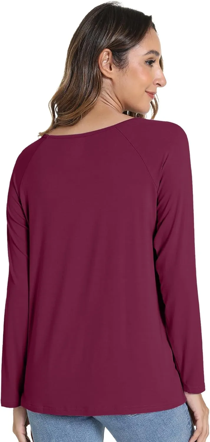 WiWi Women's Viscose from Bamboo Pajama Tops Soft Scoop Neck Sleep Shirt Loose Long Sleeves T-Shirt Loungewear S-XXL