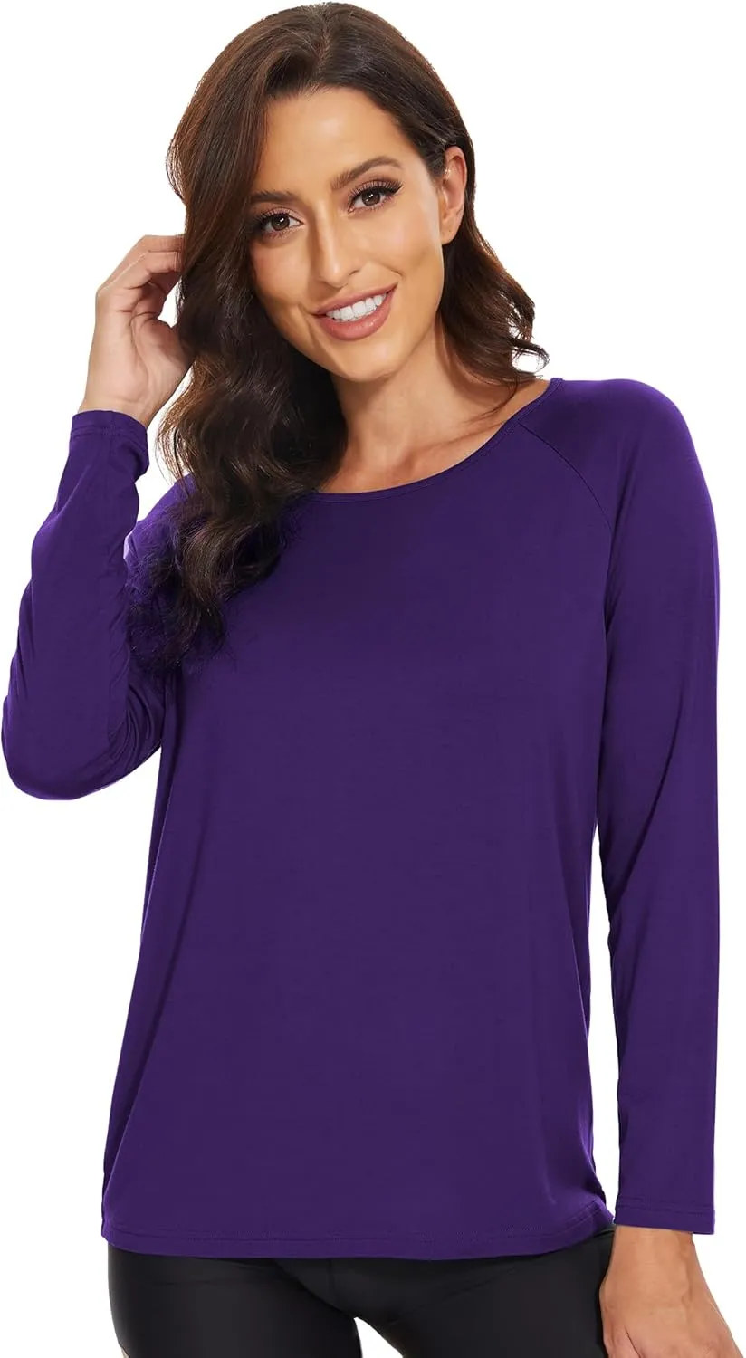 WiWi Women's Viscose from Bamboo Pajama Tops Soft Scoop Neck Sleep Shirt Loose Long Sleeves T-Shirt Loungewear S-XXL