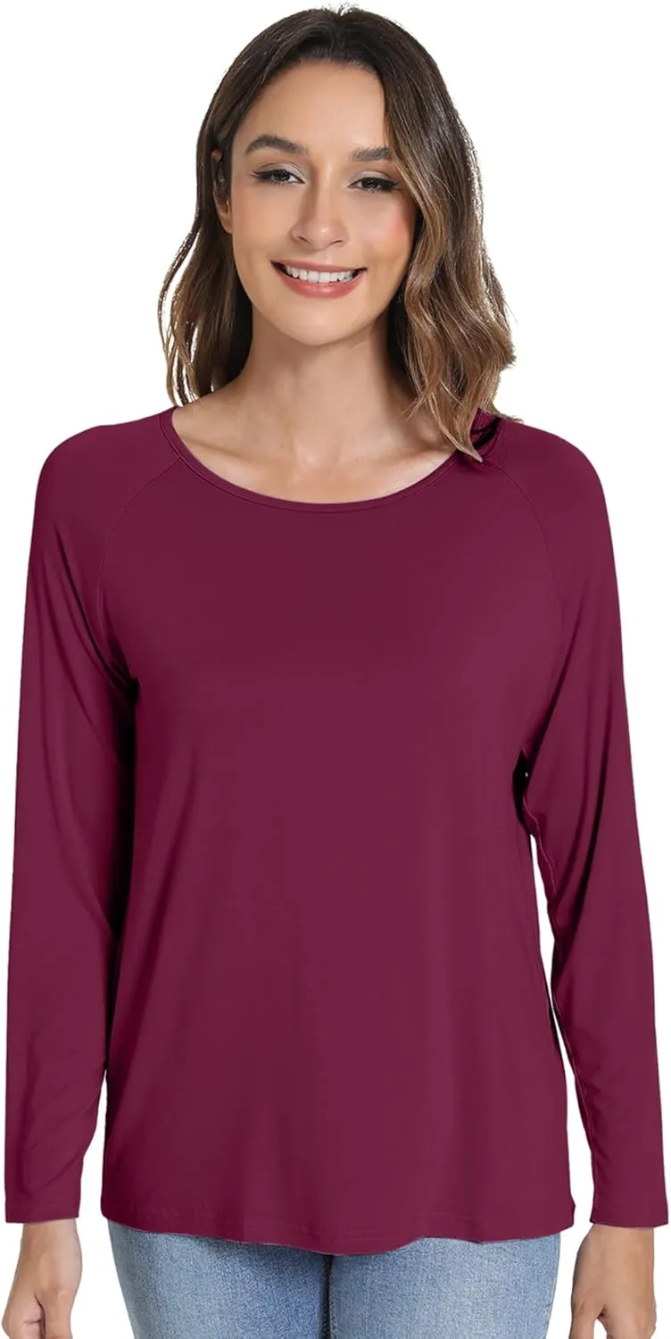 WiWi Women's Viscose from Bamboo Pajama Tops Soft Scoop Neck Sleep Shirt Loose Long Sleeves T-Shirt Loungewear S-XXL
