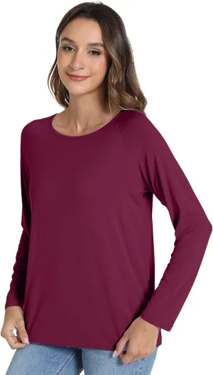 WiWi Women's Viscose from Bamboo Pajama Tops Soft Scoop Neck Sleep Shirt Loose Long Sleeves T-Shirt Loungewear S-XXL