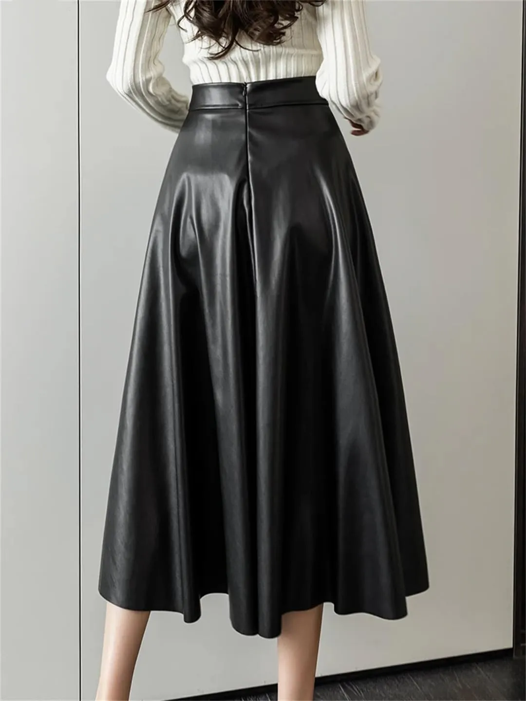 Wjnvfioo A-Line Leather Skirts Stylilsh Hihg Waist Back Zipper PU Skirts Streetwear Pleated Midi Length Skirt