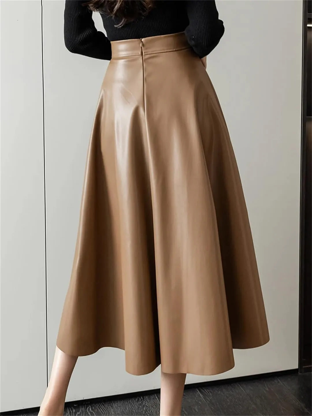 Wjnvfioo A-Line Leather Skirts Stylilsh Hihg Waist Back Zipper PU Skirts Streetwear Pleated Midi Length Skirt