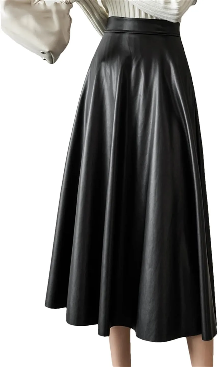 Wjnvfioo A-Line Leather Skirts Stylilsh Hihg Waist Back Zipper PU Skirts Streetwear Pleated Midi Length Skirt