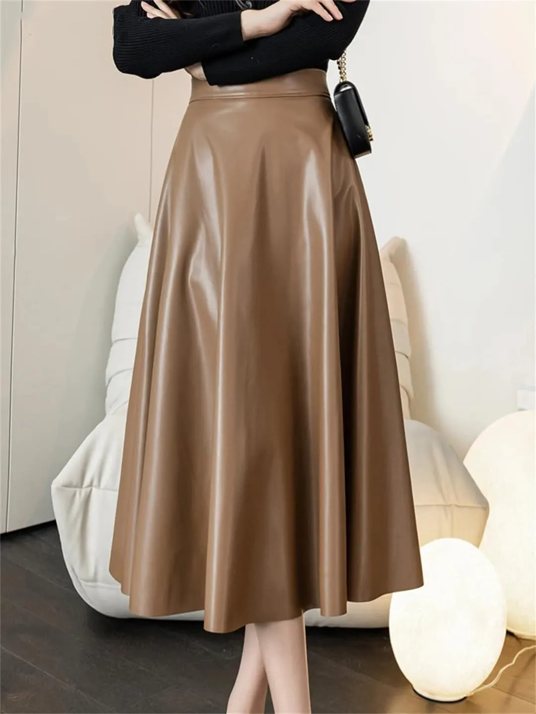Wjnvfioo A-Line Leather Skirts Stylilsh Hihg Waist Back Zipper PU Skirts Streetwear Pleated Midi Length Skirt