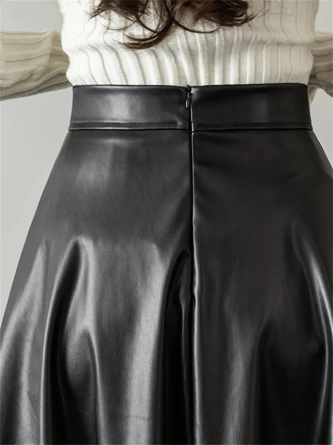 Wjnvfioo A-Line Leather Skirts Stylilsh Hihg Waist Back Zipper PU Skirts Streetwear Pleated Midi Length Skirt
