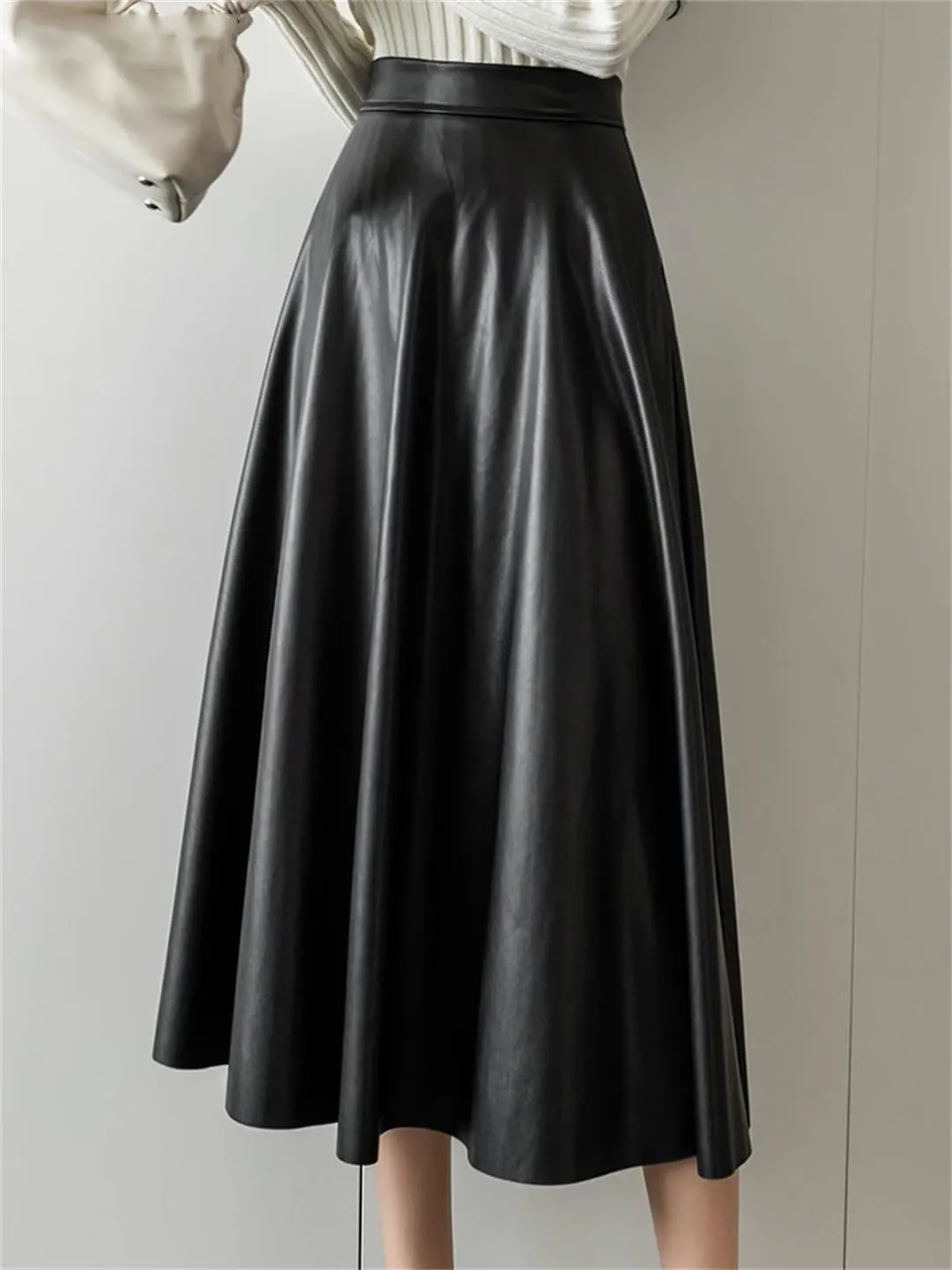 Wjnvfioo A-Line Leather Skirts Stylilsh Hihg Waist Back Zipper PU Skirts Streetwear Pleated Midi Length Skirt
