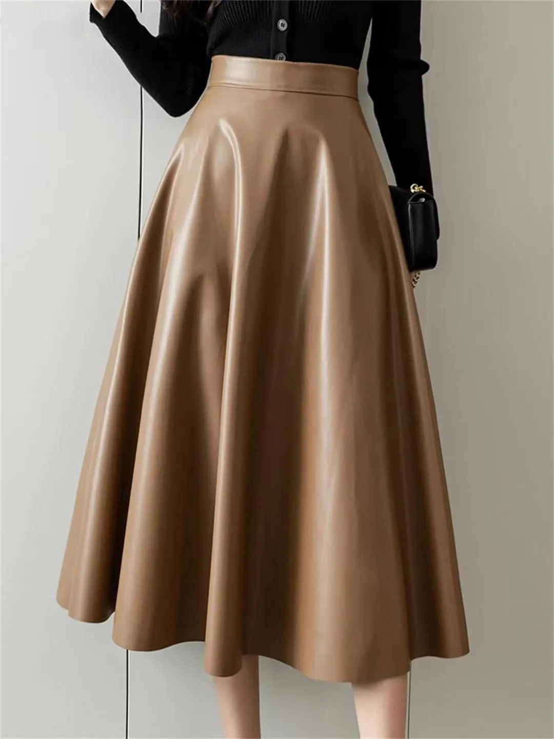 Wjnvfioo A-Line Leather Skirts Stylilsh Hihg Waist Back Zipper PU Skirts Streetwear Pleated Midi Length Skirt