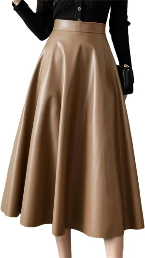 Wjnvfioo A-Line Leather Skirts Stylilsh Hihg Waist Back Zipper PU Skirts Streetwear Pleated Midi Length Skirt