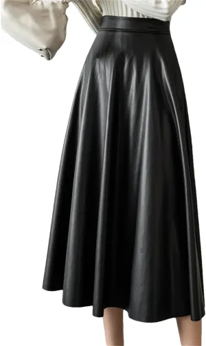 Wjnvfioo A-Line Leather Skirts Stylilsh Hihg Waist Back Zipper PU Skirts Streetwear Pleated Midi Length Skirt