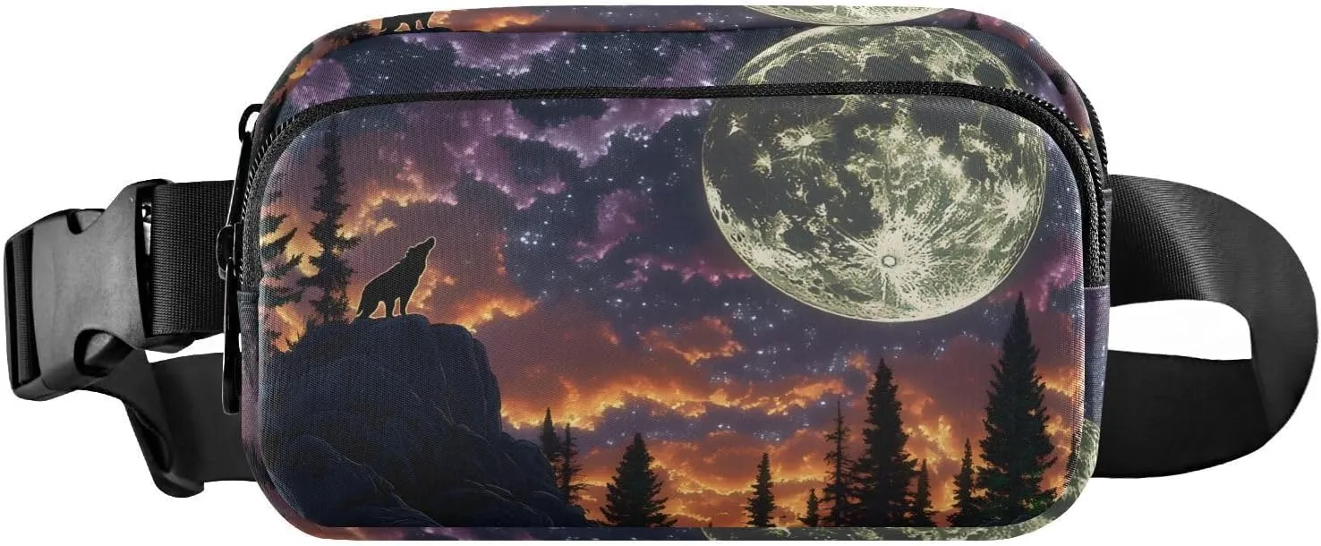 Wolf Big Moon Fanny Pack Water Resistant, Women Men Waist Pack Sling Bag Purse for Travel Hiking