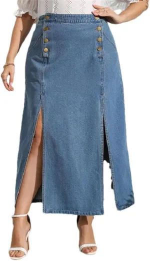 Woman High-Waisted Plus Size Both Sides Split Jean Skirts Summer A-Line Blue Casual Midi Skirt