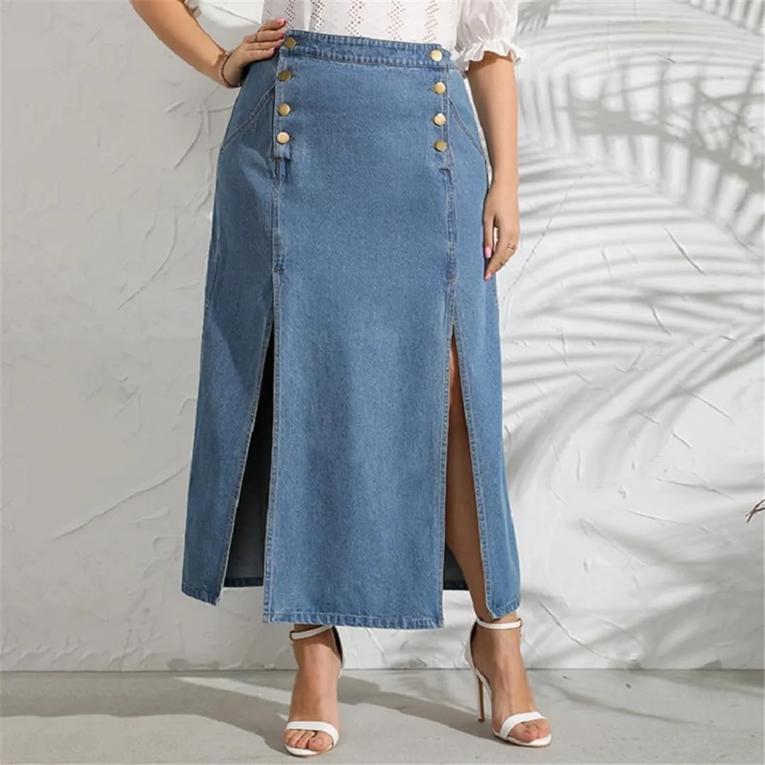 Woman High-Waisted Plus Size Both Sides Split Jean Skirts Summer A-Line Blue Casual Midi Skirt