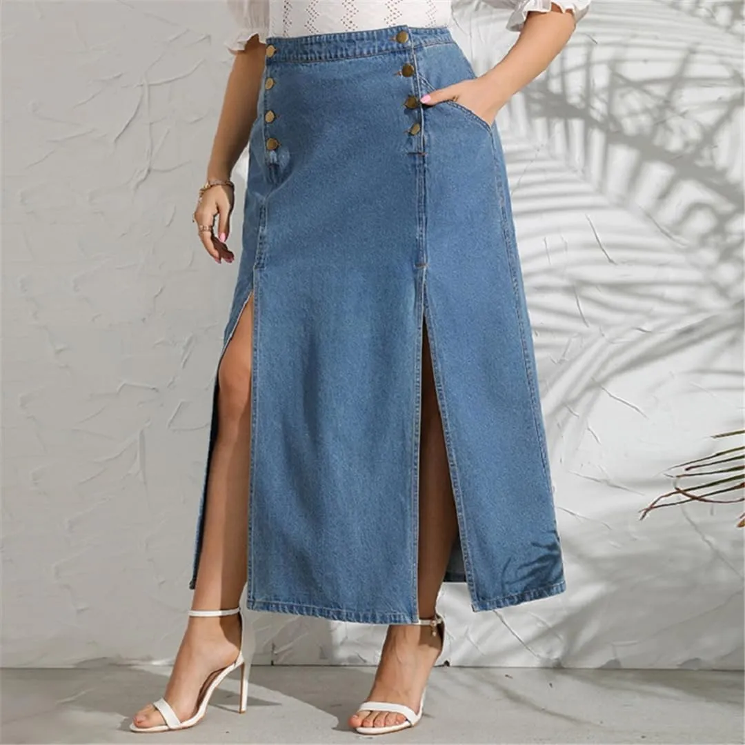Woman High-Waisted Plus Size Both Sides Split Jean Skirts Summer A-Line Blue Casual Midi Skirt