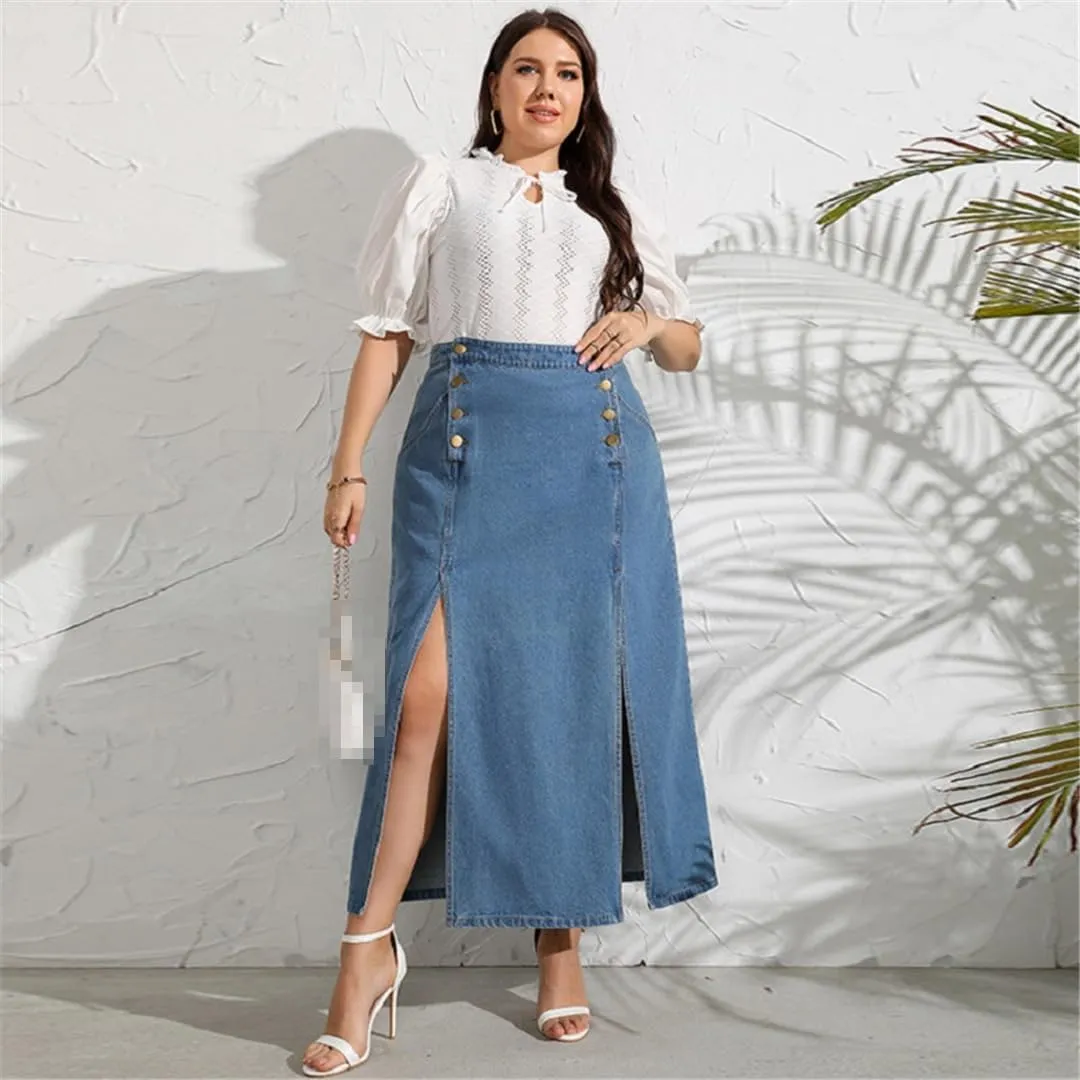 Woman High-Waisted Plus Size Both Sides Split Jean Skirts Summer A-Line Blue Casual Midi Skirt