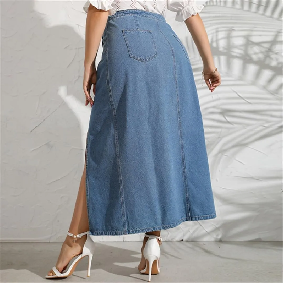 Woman High-Waisted Plus Size Both Sides Split Jean Skirts Summer A-Line Blue Casual Midi Skirt