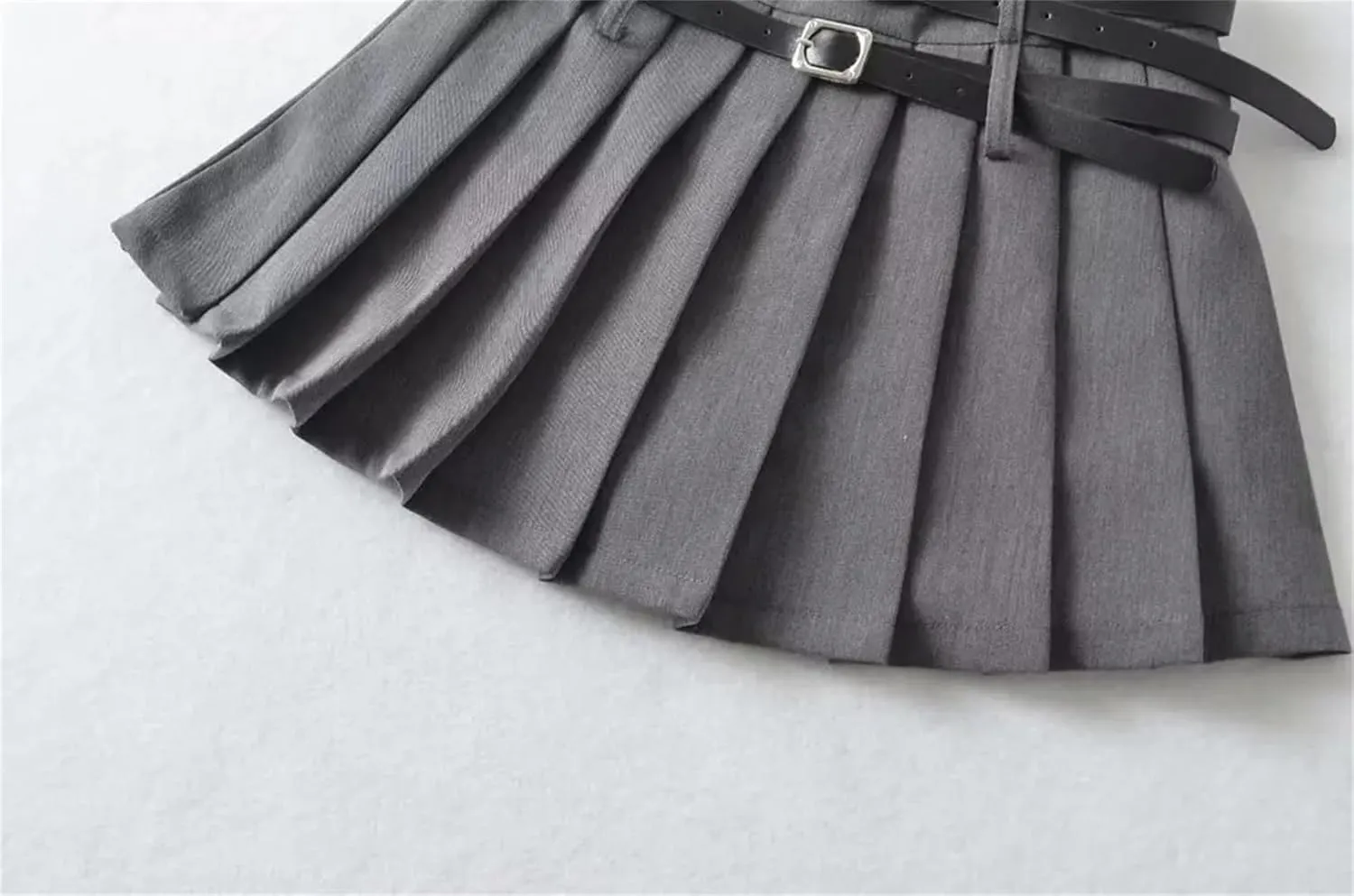 Woman Summer Double Belt Pleated Midi Skirt Slim Solid High Waisted Young Trip Mini Skirt